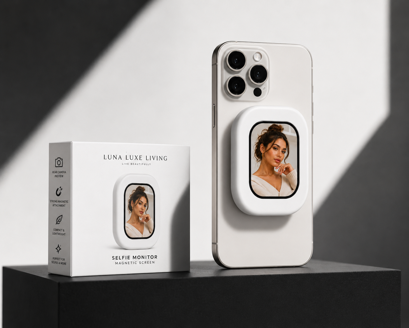 Magnetic Selfie Monitor with packaging and iPhone