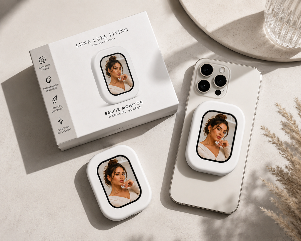 Magnetic Selfie Monitor flatlay with packaging and iPhone